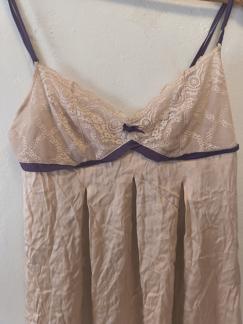 Blush/Cream Silk Blend Lace Babydoll Chemise Purple Trim L - Picture 2 of 8